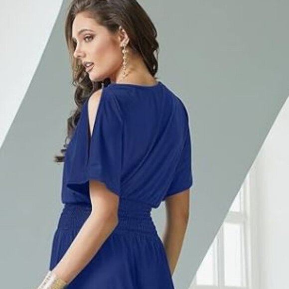 NWT! Royal Blue Split Sleeves Smocked Elegant Cocktail Long Maxi Dress (3X) - Picture 3 of 10